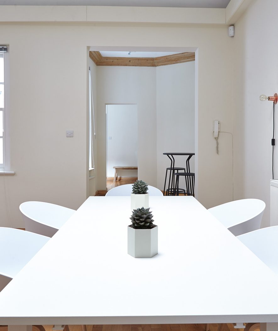Bright meeting room with a white table, white chairs and succulent plants